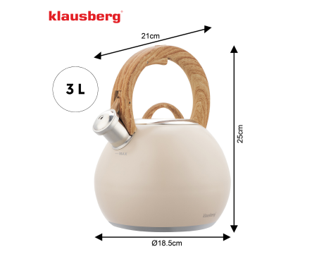 KLAUSBERG CZAJNIK STALOWY 3L BEŻOWY MAT Z UCHWYTEM DREWNOPODOBNYM - 3