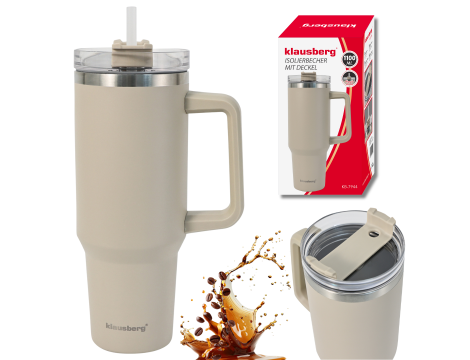 KLAUSBERG KUBEK TERMICZNY ZE SŁOMKĄ BEŻOWY  1100ml STAL NIERDZEWNA