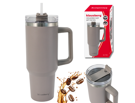 KLAUSBERG KUBEK TERMICZNY ZE SŁOMKĄ SZARY  1100ml STAL NIERDZEWNA