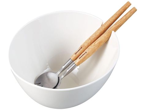 KLAUSBERG MISA CERAMICZNA DO SAŁAT BIAŁA Z ZESTAWEM STALOWYCH ŁYŻEK Z DREWNIANYMI UCHWYTAMI