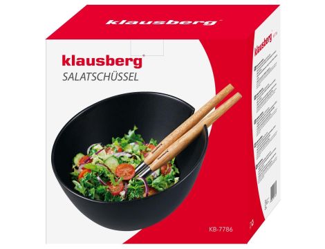 KLAUSBERG MISA CERAMICZNA DO SAŁAT CZARNA Z ZESTAWEM STALOWYCH ŁYŻEK Z DREWNIANYMI UCHWYTAMI