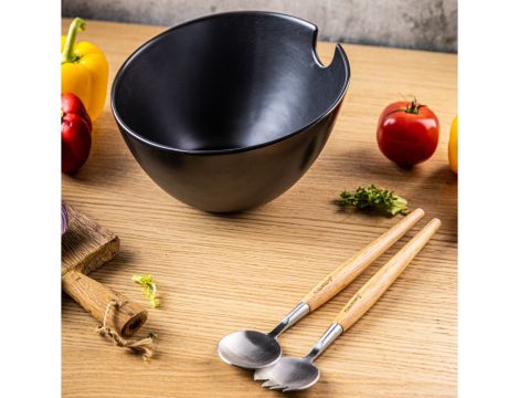 KLAUSBERG MISA CERAMICZNA DO SAŁAT CZARNA Z ZESTAWEM STALOWYCH ŁYŻEK Z DREWNIANYMI UCHWYTAMI - 4