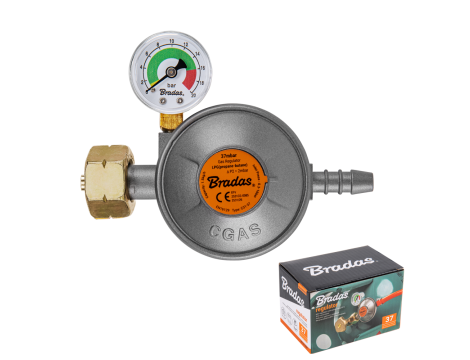 BRADAS REDUKTOR GAZOWY Z MANOMETREM I ZAWOREM BEZPIECZEŃSTWA EFV 37 mbar / 1,5 kg/h / 9 mm / PUDEŁKO