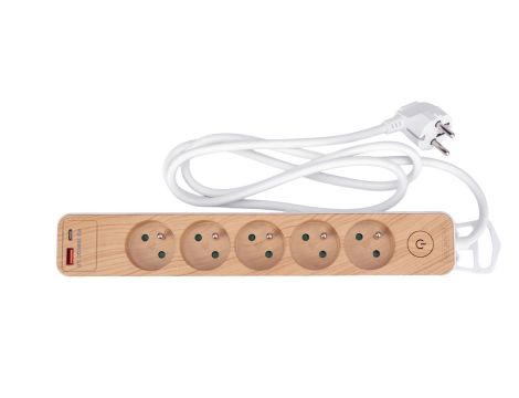 STHOR PRZEDŁUŻACZ Z USB DREWNO 5G Z/U 1,4M