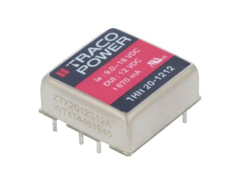 Przetwornica DC/DC, 20W, Uwej: 9...18VDC, Uwyj: 12VDC, Iwyj: 1670mA THN 20-1212