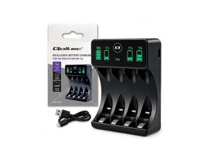 50968 Qoltec Ładowarka do akumulatorków Ni-MH typu R03 AAA R6 AA LCD Kabel USB-C Czarna