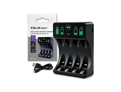 50968 Qoltec Ładowarka do akumulatorków Ni-MH typu R03 AAA R6 AA LCD Kabel USB-C Czarna