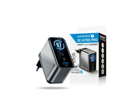 Ładowarka sieciowa everActive GaN LCD SC-670Q PRO z gniazdem USB oraz 2x USB-C PD PPS QC4+ 67W