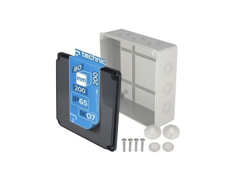 Puszka hermetyczna 200x200x80 N/T z zestawem dławików (przezroczysta) szara IP65 EDO