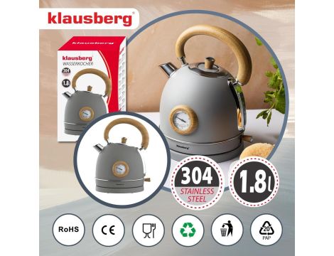 KLAUSBERG CZAJNIK ELEKTRYCZNY Z TERMOMETREM 1,8L SZARY Z DREWNEM STAL NIERDZEWNA 1850-2200W - 2