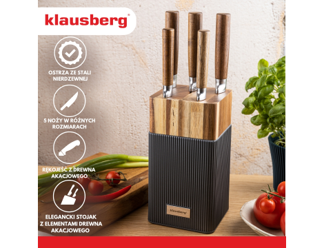 KLAUSBERG NOŻE KUCHENNE ZESTAW  6 ELEMENTÓW Z BLOKIEM AKACJOWYM STAL NIERDZEWNA - 3