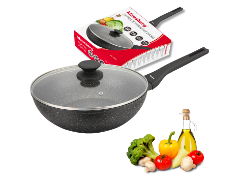 KLAUSBERG PATELNIA WOK 28cm MARMUROWA CZARNA Z POKRYWKĄ