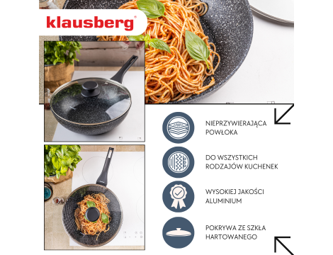 KLAUSBERG PATELNIA WOK 28cm MARMUROWA CZARNA Z POKRYWKĄ - 2