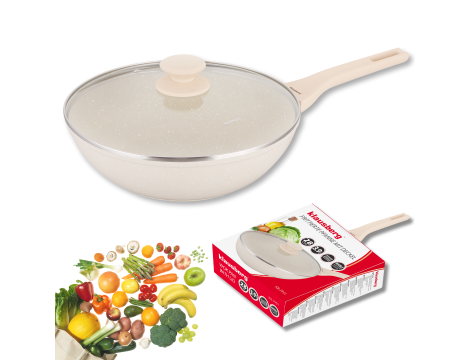KLAUSBERG PATELNIA WOK 28cm MARMUROWA KREMOWA Z POKRYWKĄ