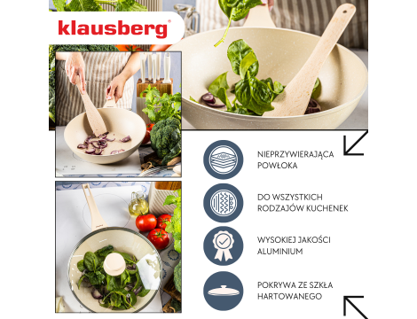KLAUSBERG PATELNIA WOK 28cm MARMUROWA KREMOWA Z POKRYWKĄ - 2