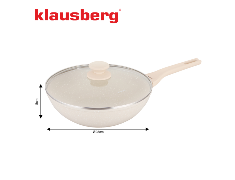 KLAUSBERG PATELNIA WOK 28cm MARMUROWA KREMOWA Z POKRYWKĄ - 3