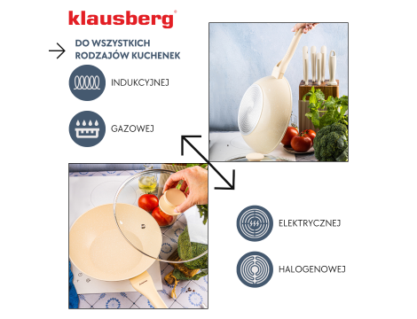 KLAUSBERG PATELNIA WOK 28cm MARMUROWA KREMOWA Z POKRYWKĄ - 5