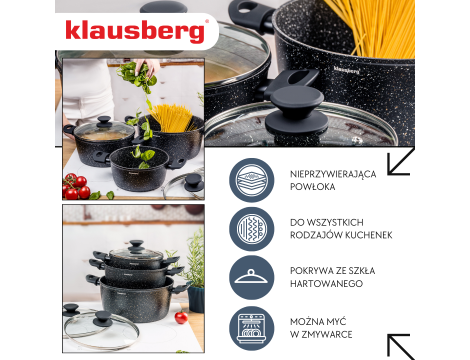 KLAUSBERG ZESTAW GARNKÓW  6 ELEMENTÓW Z MARMURKOWĄ POWŁOKĄ NIEPRZYWIERALNĄ  CZARNE - 2