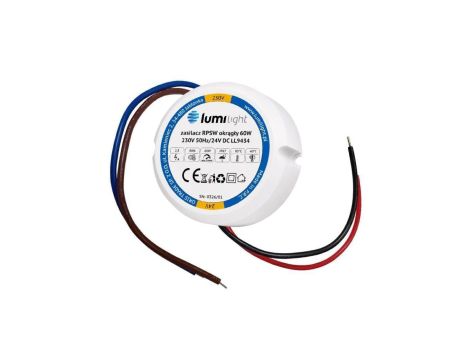 Zasilacz do puszki instalacyjnej, IP67, średnica 55mm, głębokość 22mm, 24V 2,5A 60W uniwersalny Lumilight