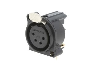 Złącze XLR, żeńskie, gniazdo, z przyciskiem, kątowe 90, PIN: 4, THT, kołnierz (2 otwory), na panel, na PCB, NC4FAH