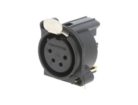 Złącze XLR, żeńskie, gniazdo, z przyciskiem, kątowe 90, PIN: 4, THT, kołnierz (2 otwory), na panel, na PCB, NC4FAH