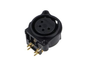 Złącze XLR, żeńskie, gniazdo, z przyciskiem, kątowe 90, PIN: 4, THT, kołnierz (2 otwory), na panel, na PCB, NC4FAH-0