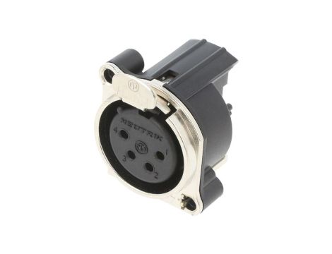 Złącze XLR, żeńskie, gniazdo, z przyciskiem, kątowe 90, PIN: 4, THT, kołnierz (2 otwory), na panel, na PCB, NC4FBH