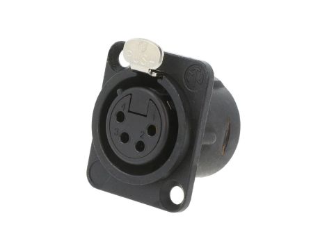 Złącze XLR, żeńskie, gniazdo, z przyciskiem, proste, PIN: 4, lutowanie, kołnierz (2 otwory), na panel, NC4FD-L-B-1
