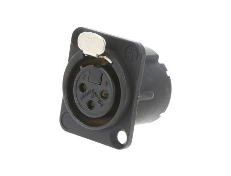 Złącze XLR, żeńskie, gniazdo, z przyciskiem, proste, PIN: 3, lutowanie, kołnierz (2 otwory), na panel, NC3FD-LX-BAG