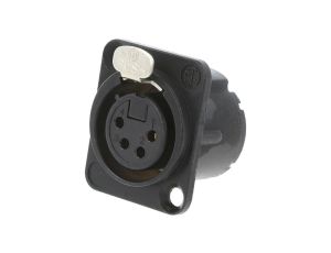 Złącze XLR, żeńskie, gniazdo, z przyciskiem, proste, PIN: 4, lutowanie, kołnierz (2 otwory), na panel, NC4FD-LX-B