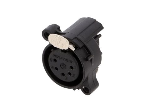 Złącze XLR, żeńskie, gniazdo, z przyciskiem, kątowe 90, PIN: 5, THT, kołnierz (2 otwory), na panel, na PCB, NC5FAH