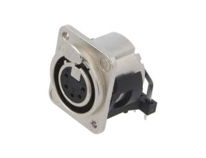 Złącze XLR, żeńskie, gniazdo, z przyciskiem, kątowe 90, PIN: 5, THT, kołnierz (2 otwory), na panel, na PCB, NC5FDM3-H-1