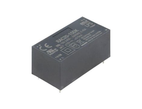 Przetwornica AC/DC, 20W, Uwyj: 15V DC, Uwyj 2: -15V DC, Iwyj: 0,67A, Iwyj 2: 0,67A, PCB, RAC20-15DK