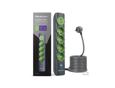 Qoltec Listwa zasilająca z podświetlanym włącznikiem Przedłużacz 6w1 4 gniazda z uziemieniem 1xUSB-C 15W 1xUSB 12W...