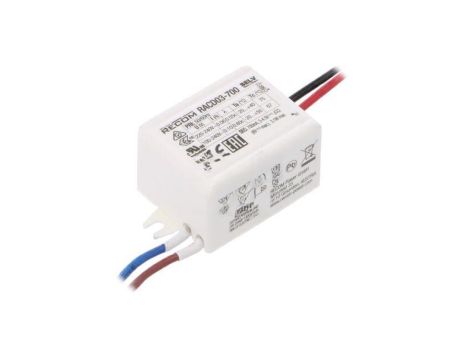 Zasilacz impulsowy, LED, 3...4,5VDC, 0,7A, IP66, przewody, RACD03-700