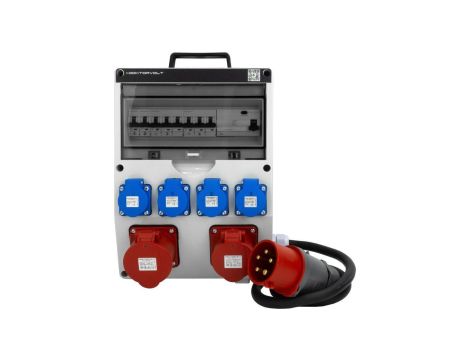 Rozdzielnica budowlana z uchwytem TGD-S/FI hermetyczna IP44 Wyposażona + 32A/5P + 16A/5P + 4x230V/2P+Z + 32A/5P LSOH