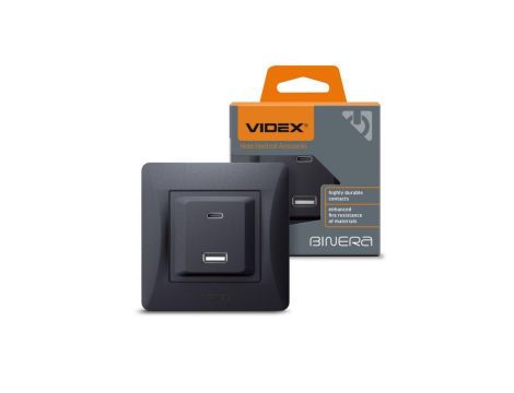 Gniazdo z Ramką USB-A + USB-C 20W 16A Natynkowe Czarne BINERA VIDEX