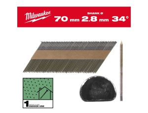 Milwaukee - Gwoździe 34° pierścieniowe okrągły łeb jasny 70mm - 2200szt - M18FFN - 4932492601