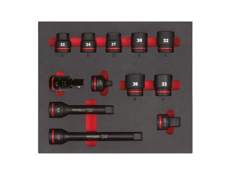 Milwaukee - Wkładka piankowa z zestawem krótkich nasadek udarowych 3/4" Impact Duty 12 szt - do wózków narzędziowych - 4932493396