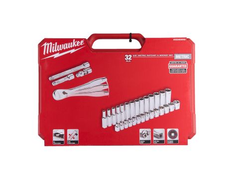 Milwaukee - Zestaw nasadek z grzechotką, typ metryczny 32 szt. 3/8” - 4932464945 - 2