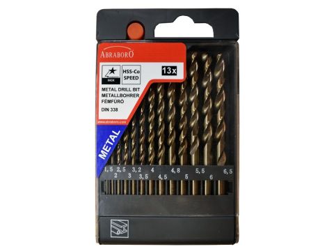 Zestaw wierteł do metalu HSS-Co DIN 338 1,5-6,5 co 0,5mm +3,2+4,8mm  ABRABORO [13 szt.]