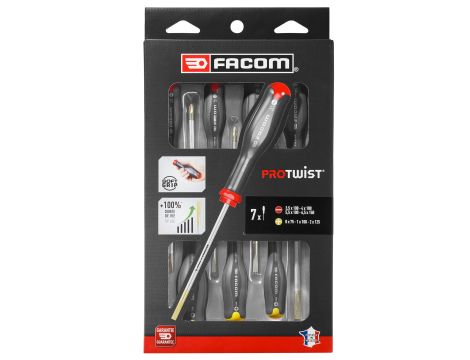 Facom - Zestaw 7 wkrętaków Protwist® do śrub  z rowkiem i krzyżakowych Phillips®, Pozidriv®, 3,5 - AT.7PB
