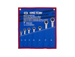 King Tony - ZESTAW KLUCZY PŁASKO-OCZKOWYCH Z GRZECHOTKĄ JEDNOKIERUNKOWĄ 7cz. 8 - 19mm, ETUI - 12107MRN01