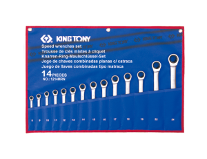 King Tony - ZESTAW KLUCZY PŁASKO-OCZKOWYCH Z GRZECHOTKĄ JEDNOKIERUNKOWĄ 14cz. 8 - 24mm, ETUI - 12114MRN
