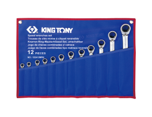 King Tony - ZESTAW KLUCZY PŁASKO-OCZKOWYCH Z GRZECHOTKĄ DWUKIERUNKOWĄ 373A 12cz. 8 - 24mm, ETUI - 122A12MRN