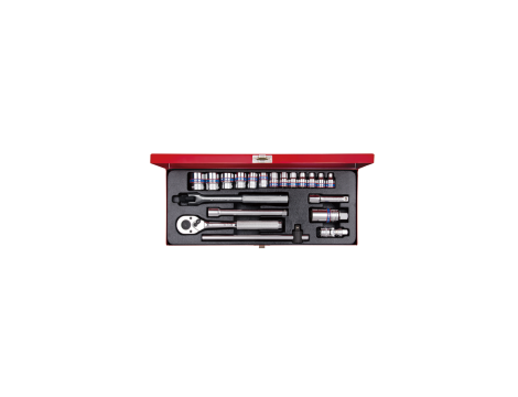 King Tony - ZESTAW NARZĘDZI 3/8" 20cz. NASADKI KRÓTKIE 12-kąt. 6 - 22mm Z GRZECHOTKĄ I AKCESORIAMI, KASETA - 3020MR