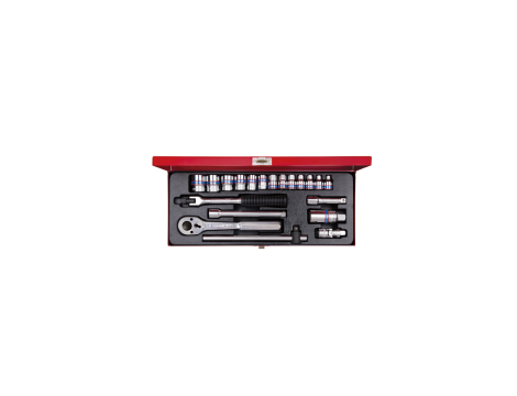 King Tony - ZESTAW NARZĘDZI 3/8" 20cz. NASADKI KRÓTKIE 12-kąt. 6 - 22mm Z GRZECHOTKĄ I AKCESORIAMI, KASETA - 3020MR02