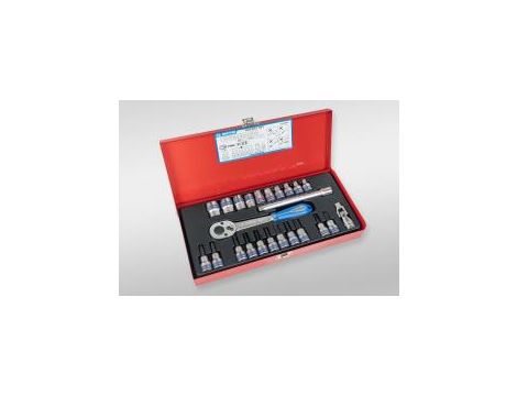 King Tony - ZESTAW NARZĘDZI 3/8" 24cz. NASADKI KRÓTKIE 6-kąt. 6 - 22mm, HEX 3 - 10, KRZYŻ. 2,3 PŁASKIE 5, 8 Z GRZECHOTKĄ I AKCESORIAMI, KASE - 3524MR