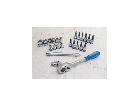 King Tony - ZESTAW NARZĘDZI 3/8" 24cz. NASADKI KRÓTKIE 6-kąt. 6 - 22mm, HEX 3 - 10, KRZYŻ. 2,3 PŁASKIE 5, 8 Z GRZECHOTKĄ I AKCESORIAMI, KASE - 3524MR - 3