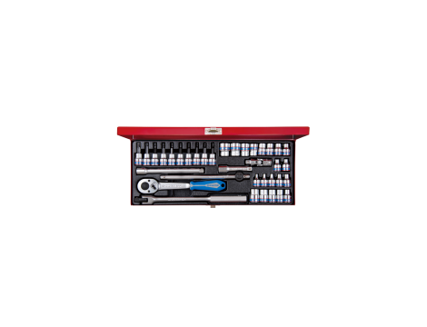 King Tony - ZESTAW NARZĘDZI 3/8" 34cz. NASADKI KRÓTKIE 6-kąt. 6 - 19mm, E4 - E18, T8 - T40 Z GRZECHOTKĄ I AKCESORIAMI, KASETA - 3534MR - 2